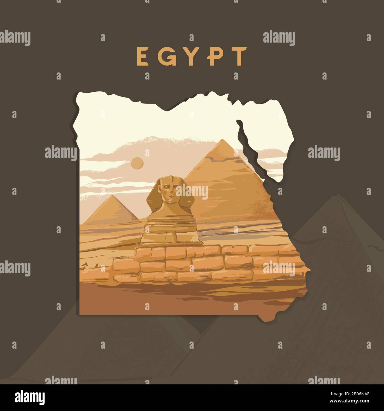Vektorgrafiken der Großen Sphinx in Gizeh, die auf der Ägyptenkarte mit den Pyramiden Ägyptens beschriftet sind Stock Vektor