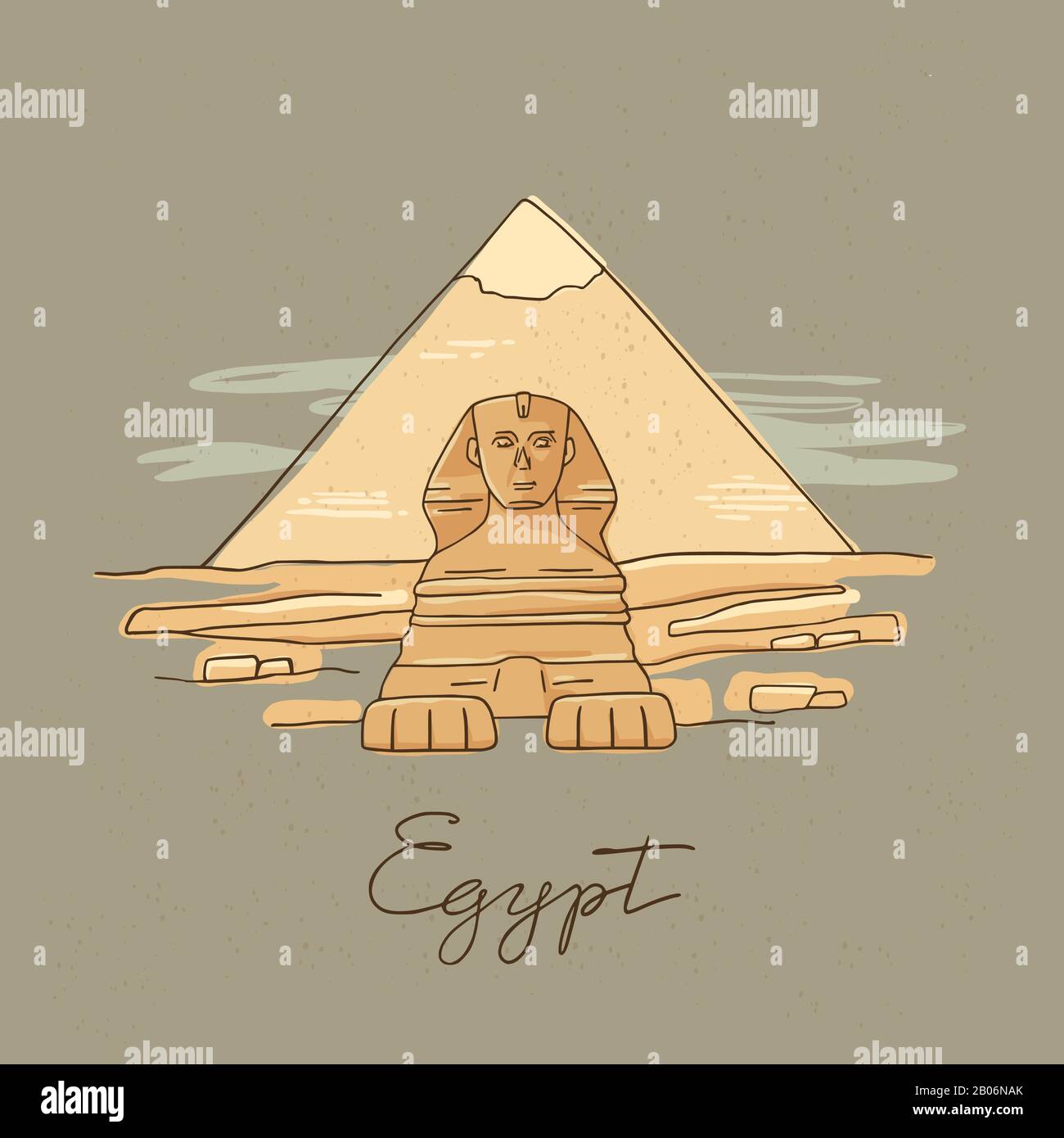 Vektor-Ikone der Großen Sphinx von Gizeh isoliert auf der handgezeichneten Vektordarstellung der Pyramiden. Stock Vektor