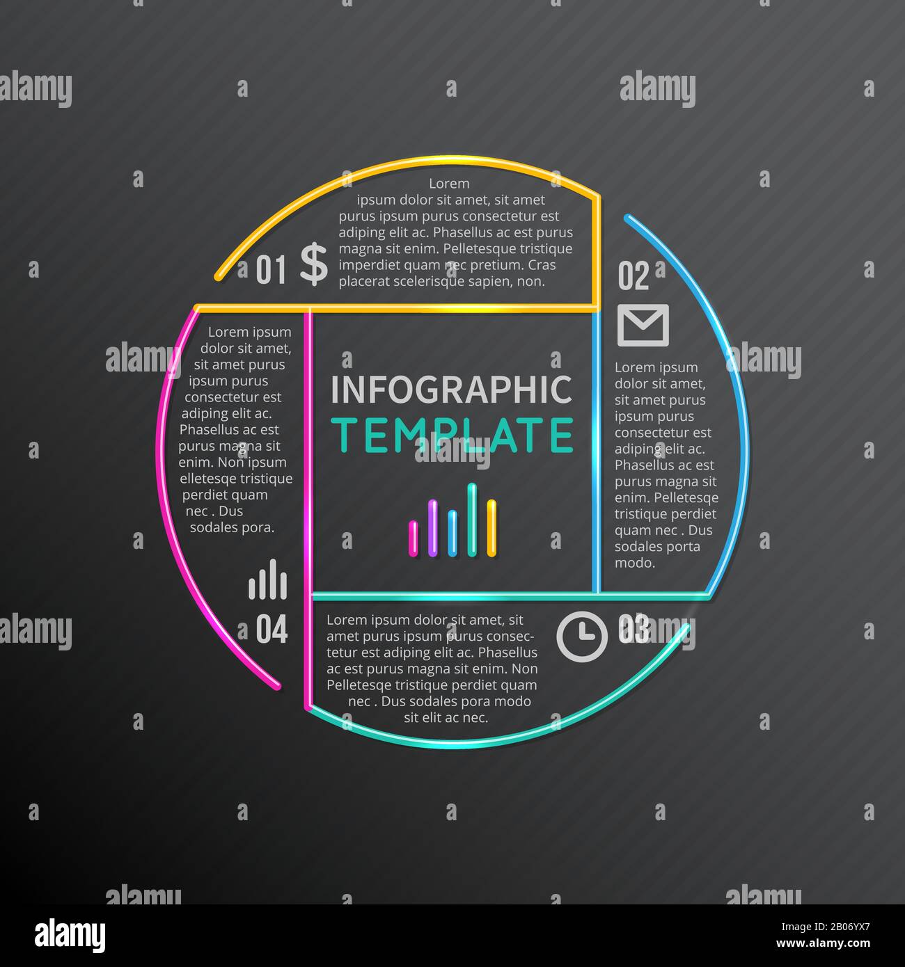 Vorlage für Infografieberichte mit Linienelementen und Symbolen. Geschäftsgrafik mit 4 Optionen, Teilen, Schritten, Prozessen. Vektorgrafiken Stock Vektor