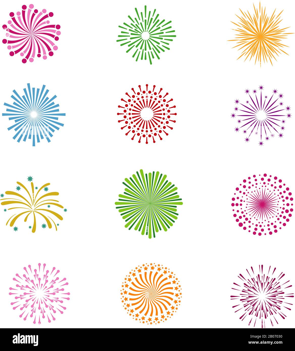 Farbe Feiertagsparty Festival Feuerwerk Vektor-Symbole. Salut-Set mit Funke für weihnachten oder Geburtstag Illustration Stock Vektor
