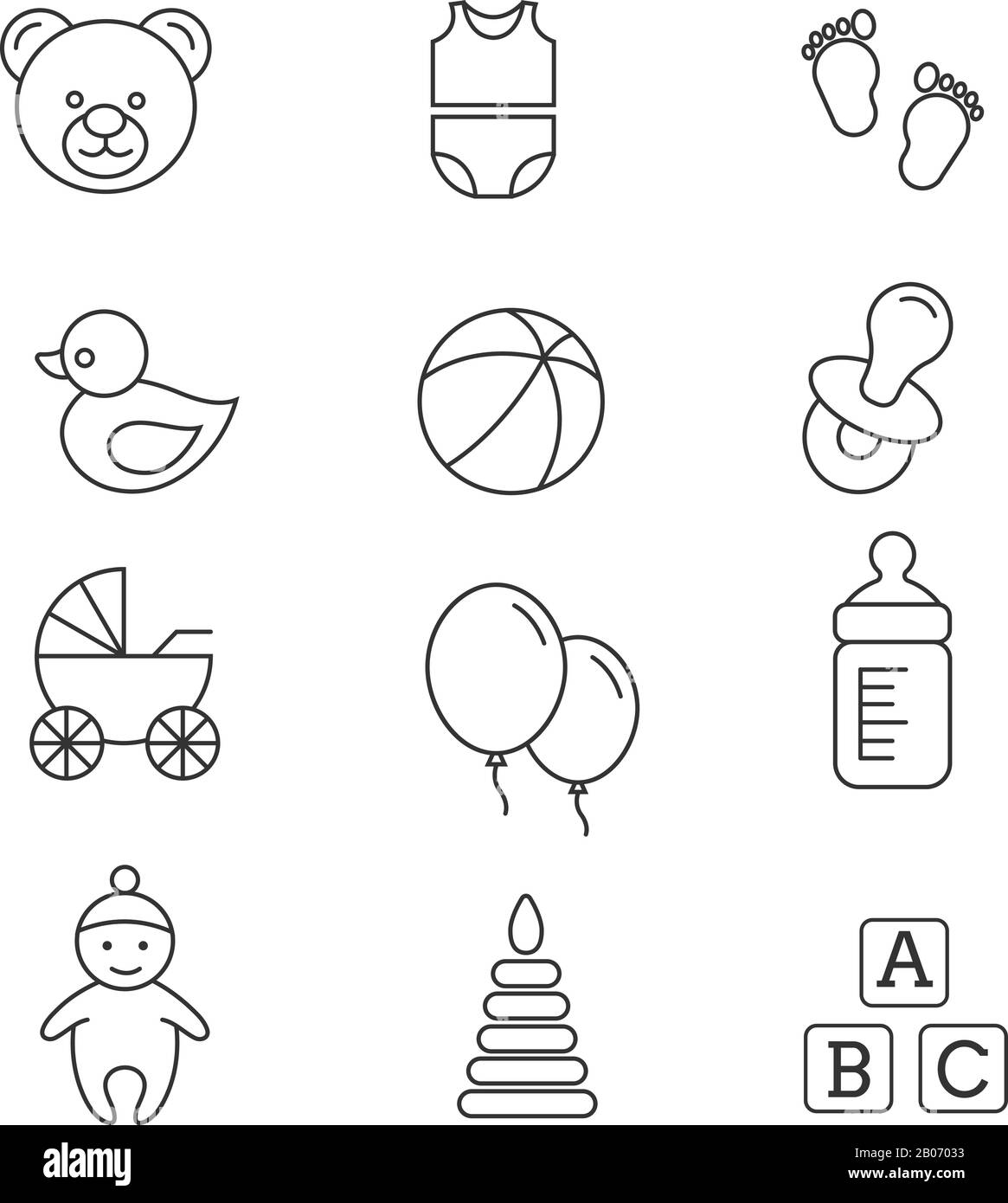 Babyspielzeuge und Pflegesymbole mit dünnen Linien. Abbildung: Neugeborenes und Flasche Milch Stock Vektor