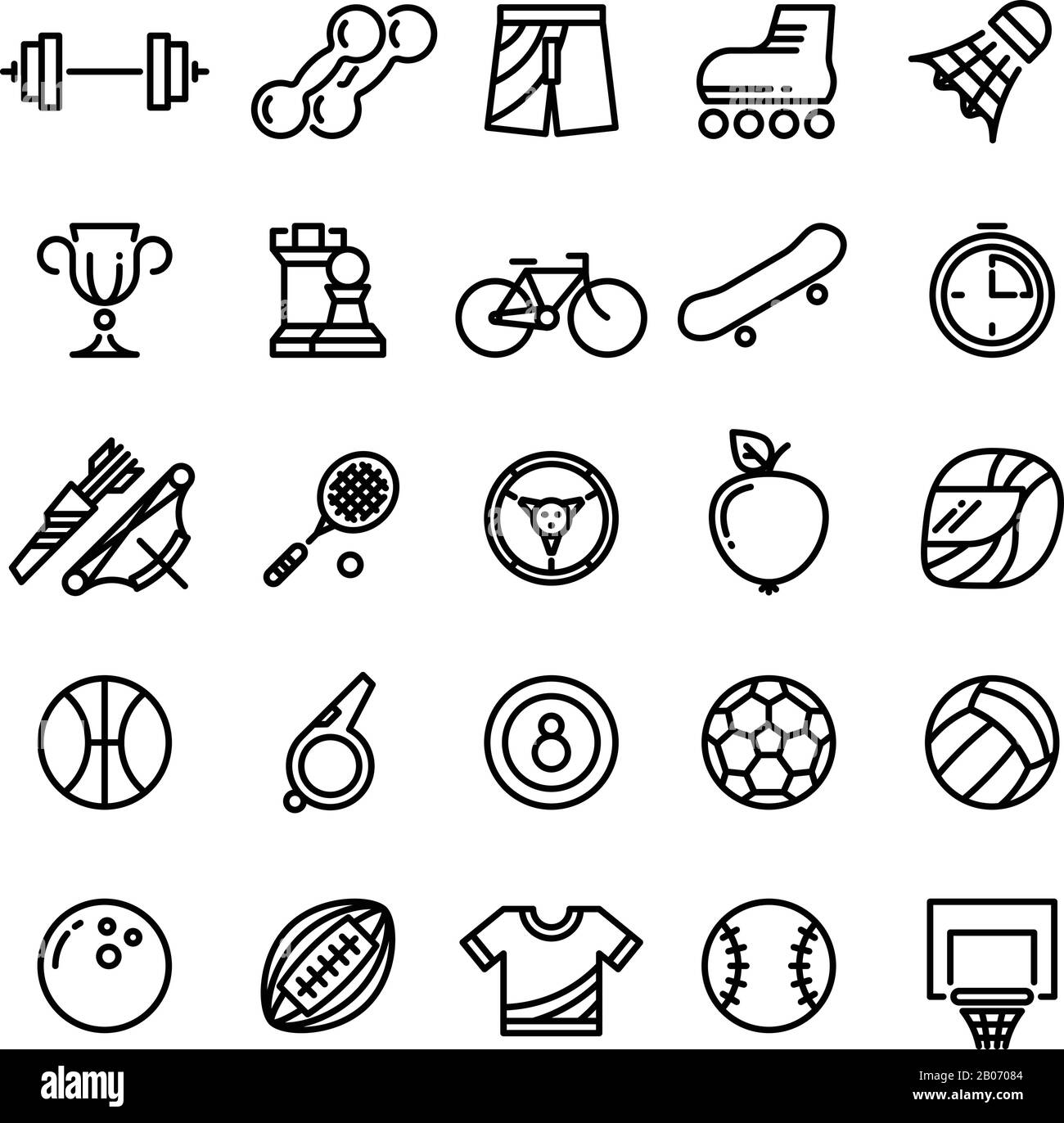 Sport Outline Symbole Sportgeräte dünne Linien Symbole. Bogenschießen und Badminton, Fußball und Basketball, Vektorgrafiken Stock Vektor