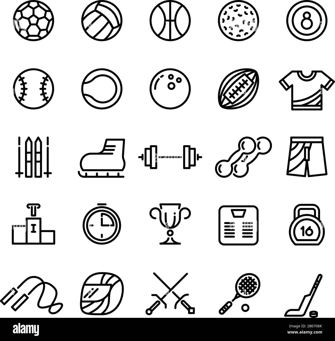 Linien-Vektor-Symbole für Sportkleidung festgelegt. Ball für Basketball und Tennis, Fußball und Baseballspiel Illustration Stock Vektor
