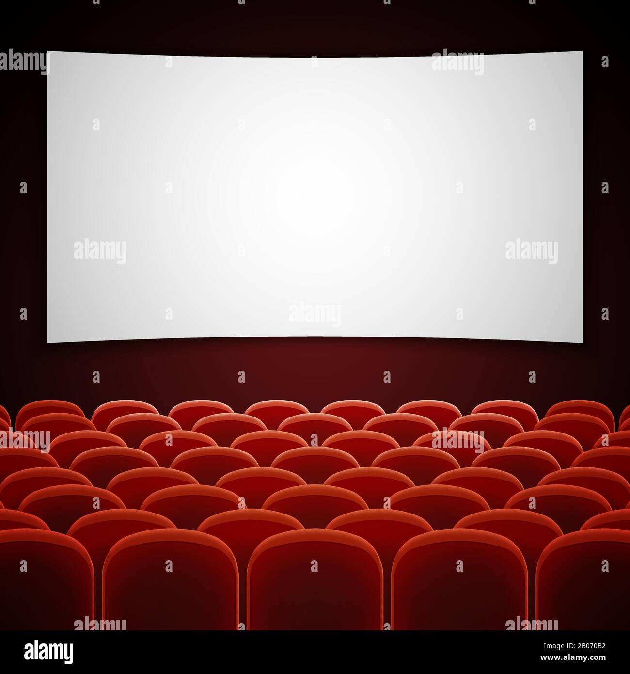 Kinosaal mit weißem, leerem Bildschirm. Leeres Interieur für Präsentation neuer Film. Vektorgrafiken Stock Vektor