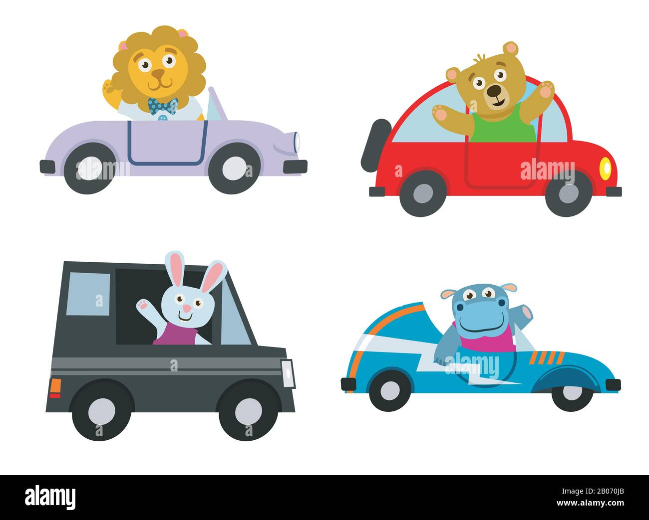 Kinderwagen transportieren mit niedlichen Cartoon-Tieren-Vektor-Set. Die Charaktere Lion und Hippo fahren Automobilillustration Stock Vektor