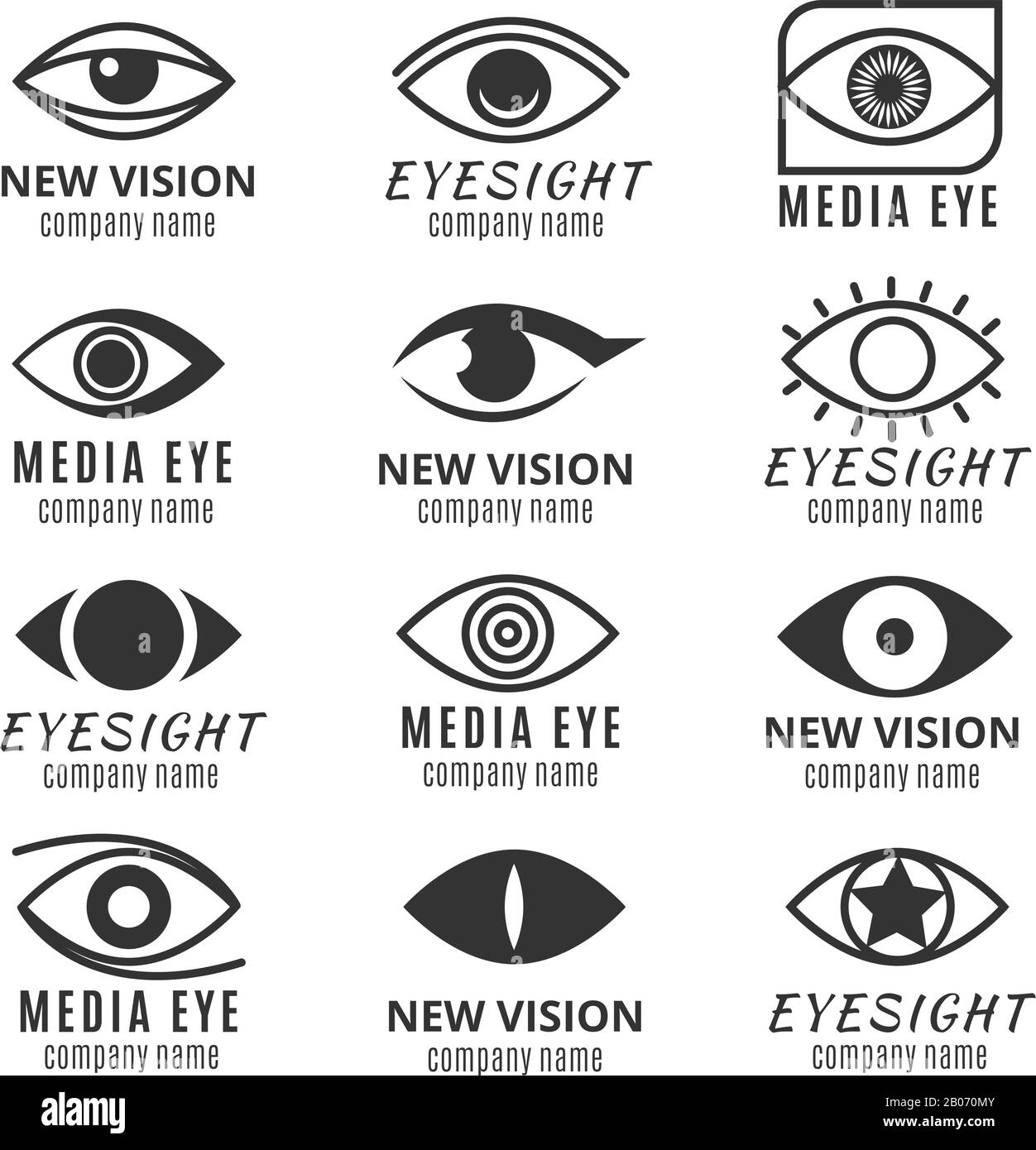 Eye, See, Vision Media Logos Vektorsatz. Logotyp mit Abbildung der menschlichen Pupille Stock Vektor