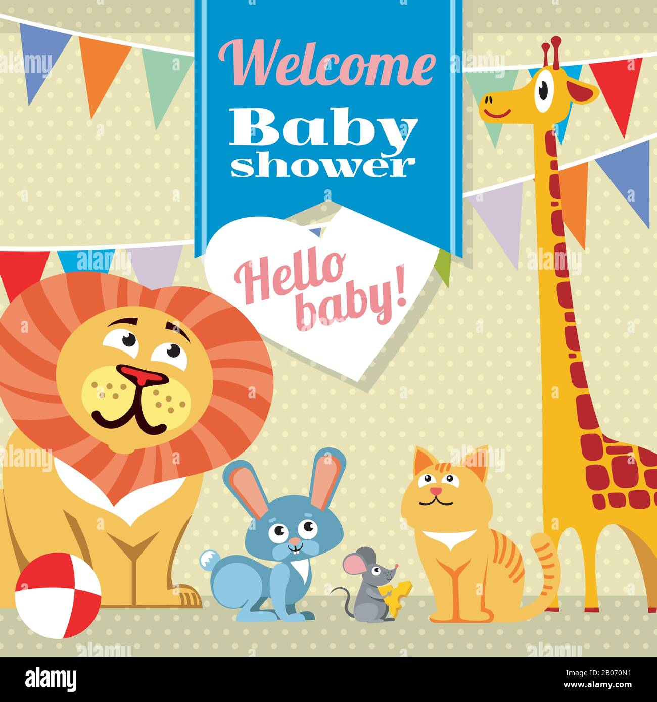 Baby Dusche Feier Grußkarte Einladung Vektor Vorlage. Darstellung von Kaninchen und Maus, Katze und Giraffe, Löwe und Häschen Stock Vektor