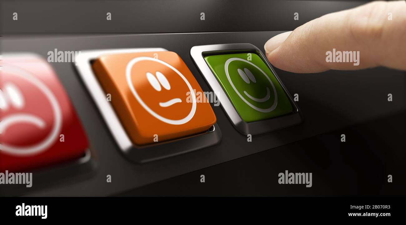 Finger eines zufriedenen Kunden, der eine grüne Taste mit einem fröhlichen Smiley-Design drückt. Zusammengesetztes Bild zwischen einer Handfotografie und einem 3D-Hintergrund. Stockfoto