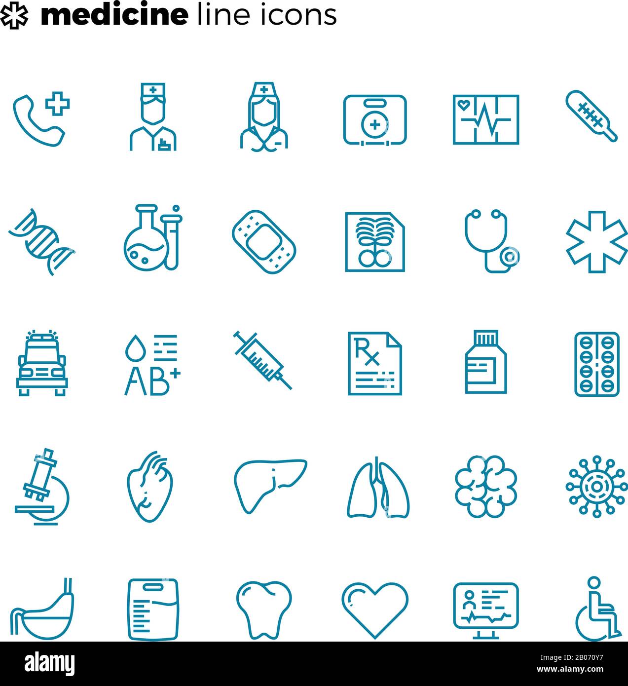 Symbole für dünne Linien in Medizin und Gesundheitswesen. Abbildung: Gesundheitswesen und medizinische Geräte Stock Vektor