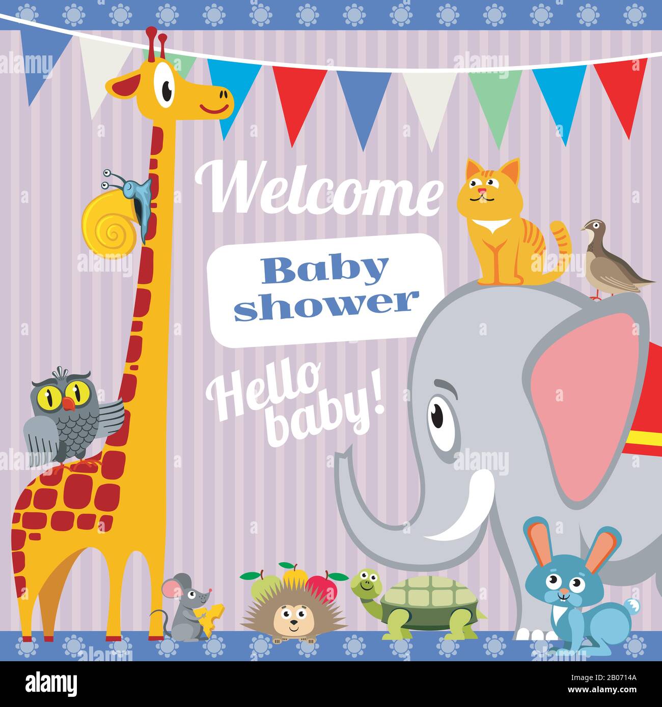 Einladungskarte für Babyduschen mit niedlichen Tieren. Vektor-Schablone-Banner mit Elefanten- und Giraffe-, Katzen- und Schildkrötenabbildung Stock Vektor