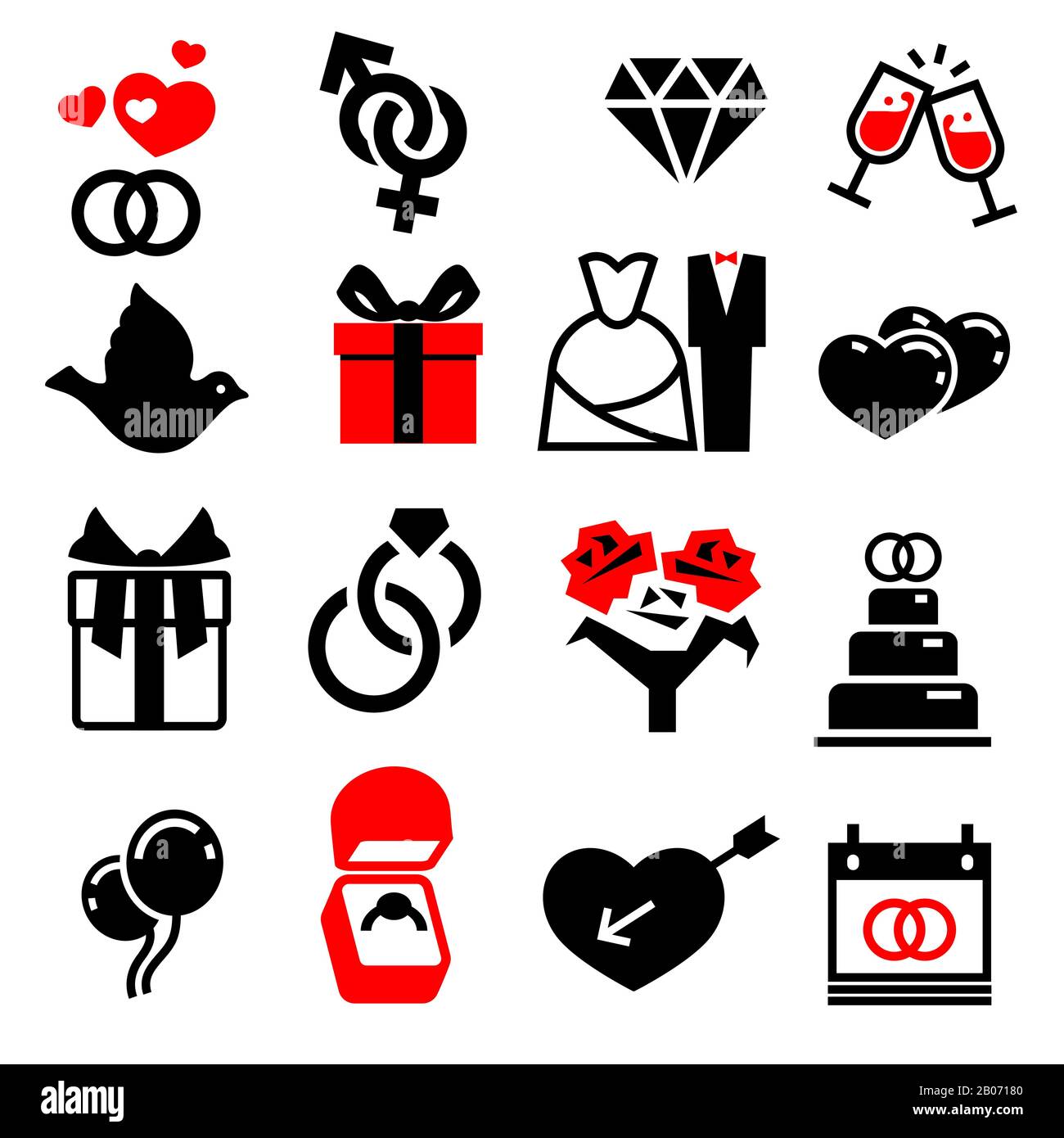 Hochzeit Hochzeit brautvektor-symbole gesetzt. Liebe Herz, Kuchen und Blumenstrauß Illustration Stock Vektor