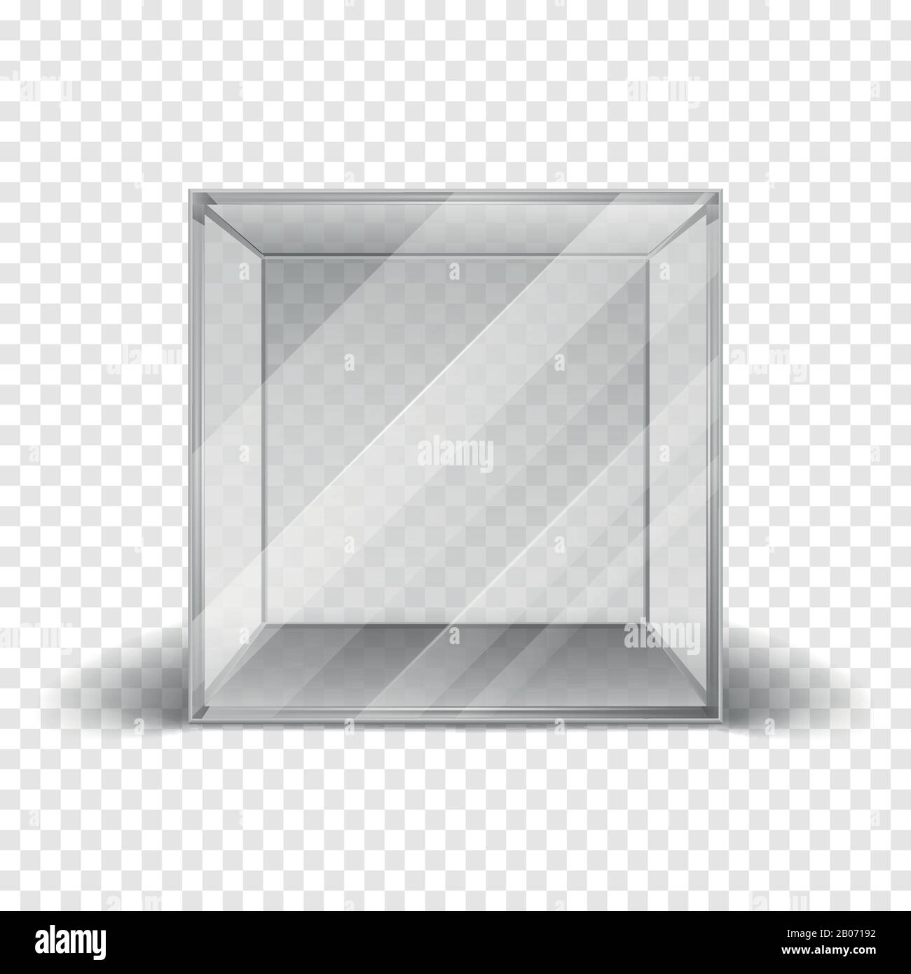 Leerer Cube für saubere Glasbox, isoliert auf kariertem Hintergrund. Verspotten Sie einen sauberen Rahmen für die Galerie. Vektorgrafiken Stock Vektor
