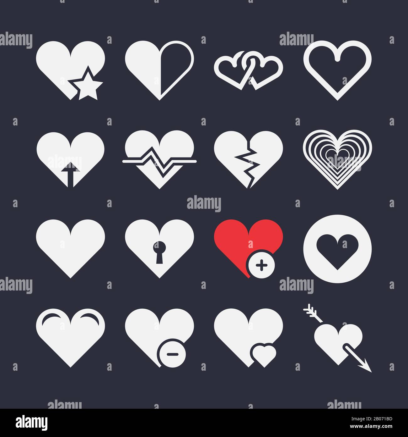 Abstrakte Symbole für Herzvektoren. Pfeil im Herzen, Liebe und Herzschlag Stock Vektor
