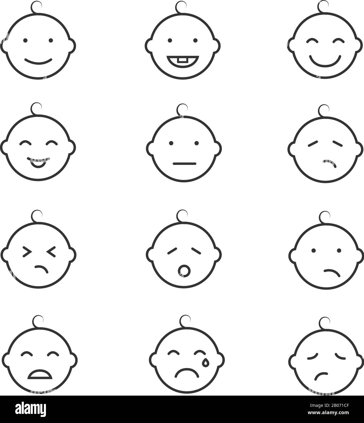 Baby Smile Baby Gesicht Baby Emoticons Vektor-Symbole. Darstellung von Kinderlachen und -Weinen Stock Vektor