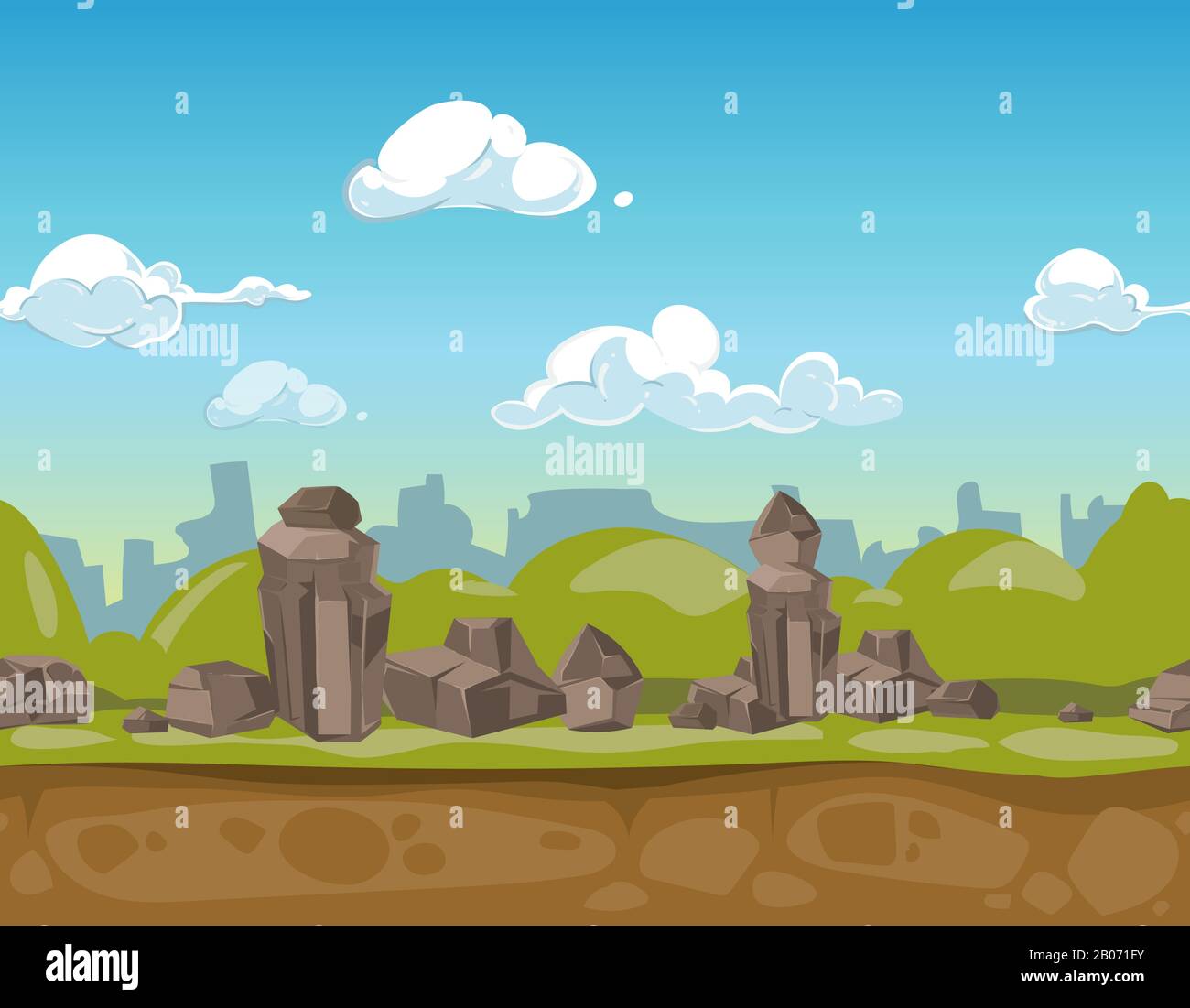 Nahtlose Cartoon-Park-Landschaft Rocky Valley für ui-Spiel. Vektorgrafiken Stock Vektor