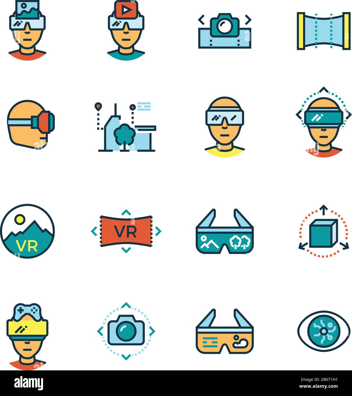 Virtuelle Realität, virtueller Computer, Innovationen in der visuellen Kommunikation zukunftsweisende Technologien Thin Line Icons mit flachen Farbelementen. Vektorgrafiken Stock Vektor