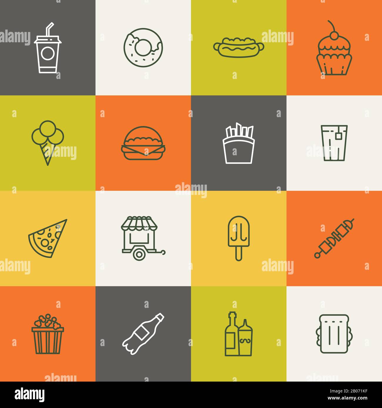 Nehmen Sie lineare Symbole für Lebensmittel weg. Eis und Pommes Frites, Grill und Popcorn. Vektorgrafiken Stock Vektor