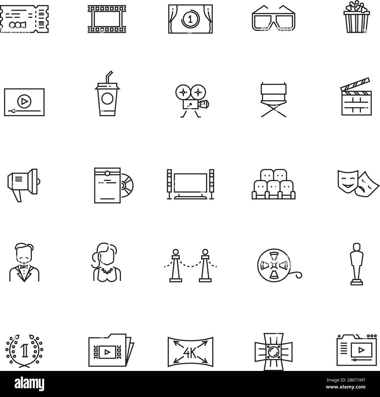 Kino, Film, Film, 3D-Fernseh-Vektor-Thin Line-Symbole. Concept Cinematographie und Video Production Illustration Stock Vektor