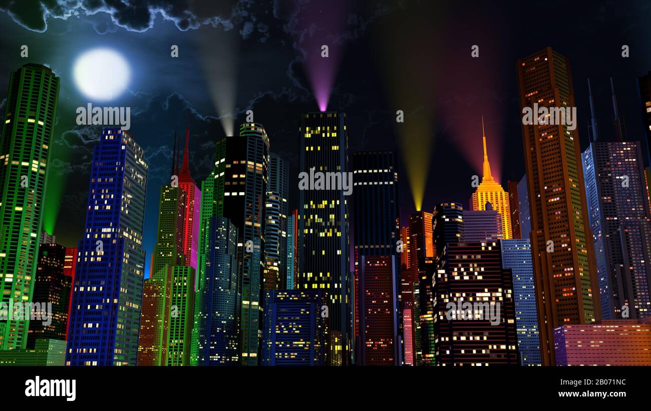 Moderne Stadt Mit Bunten Lichteffekten bei Nacht 3D-Illustration. Konzept für jede große moderne Stadt mit lebendiger Atmosphäre in der Silvesternacht. Stockfoto