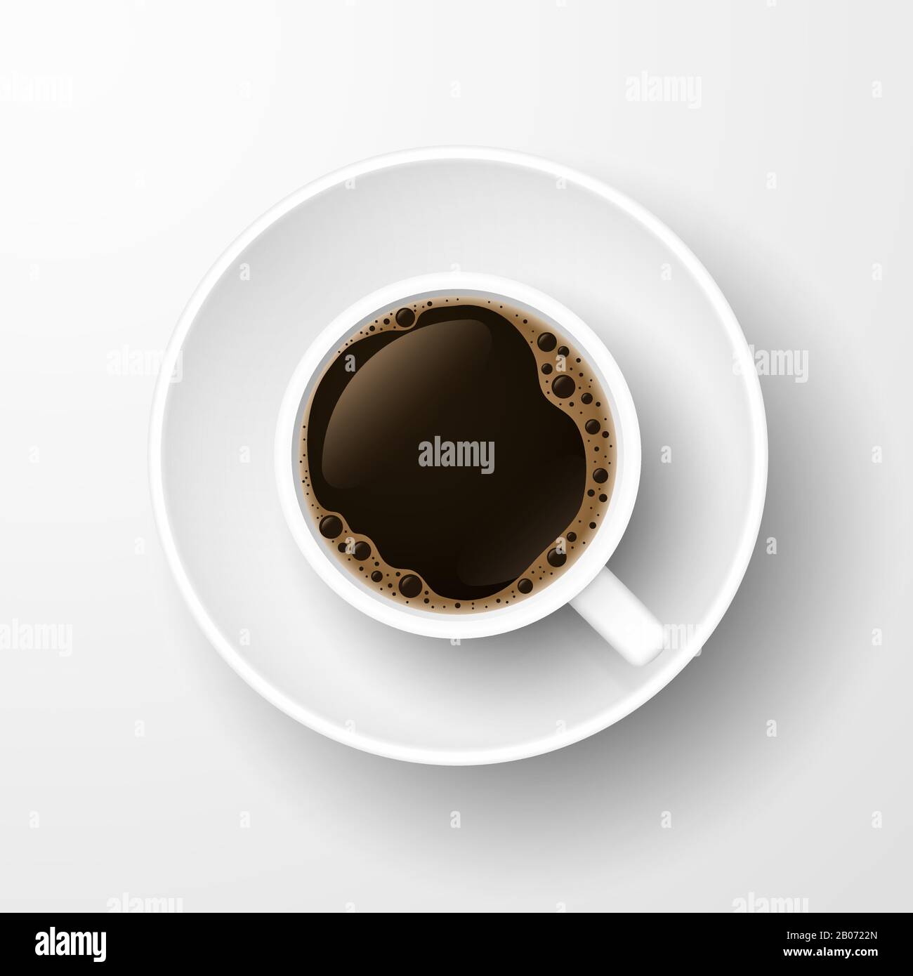 Realistische, schwarze Kaffeetasse mit Untertasse von oben, isoliert auf weißem Hintergrund. Vektorgrafiken Stock Vektor