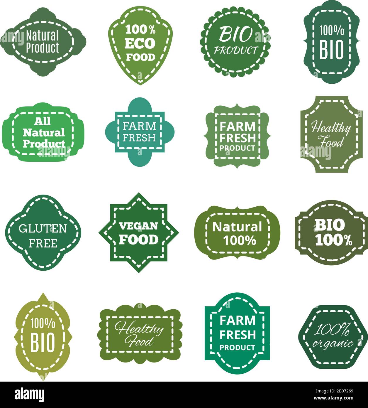 Vintage Natural Bio Product Green Tag, Etiketten, Embleme und Abzeichen. Flecken mit Naht, gesundes Essen und frische Produkte auf dem Bauernhof. Vektorgrafiken Stock Vektor