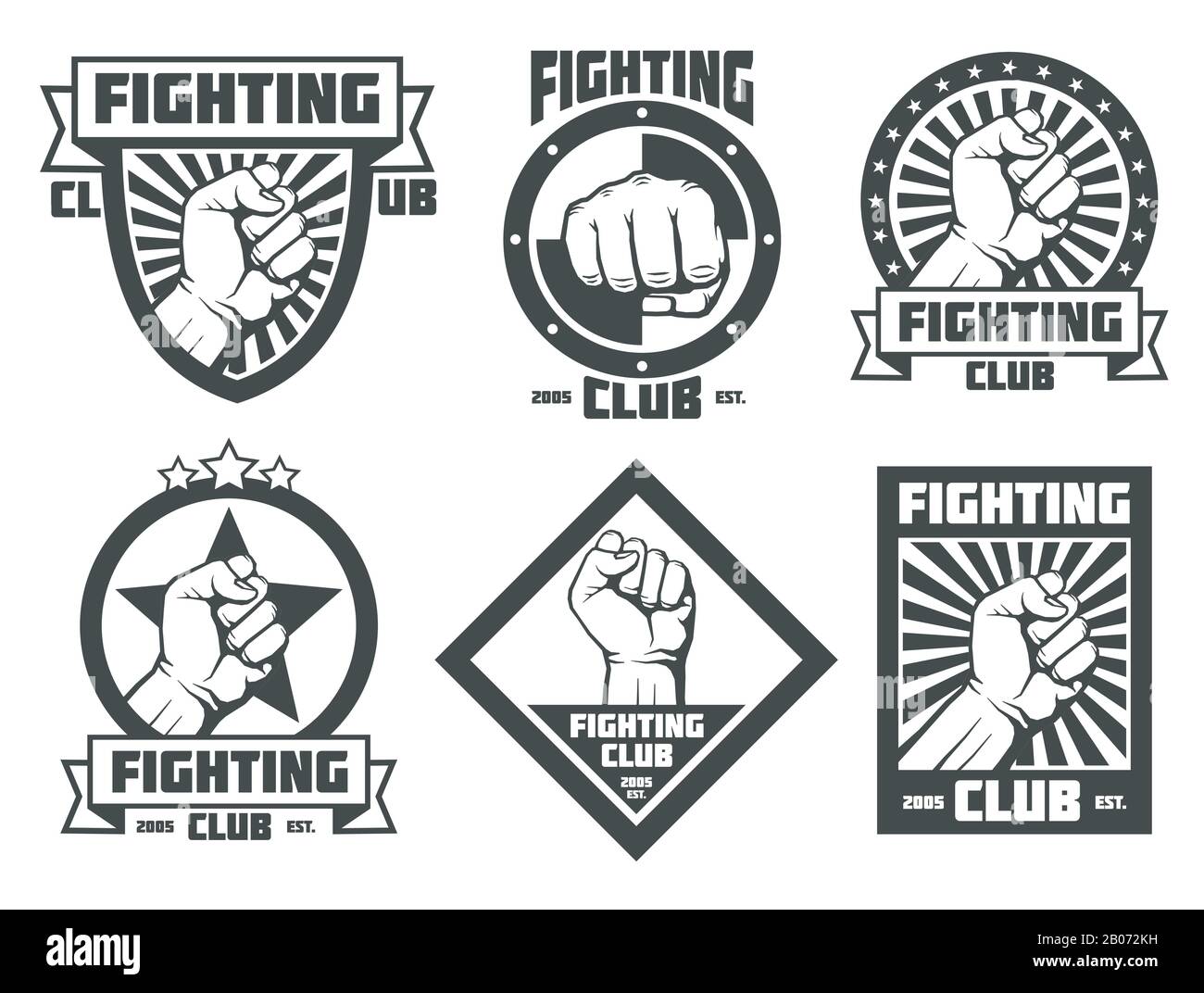 Fighting Club mma lucha libre Vintage Embleme beschriftet Logos mit der Faust des Mannes. Vektorgrafiken Stock Vektor