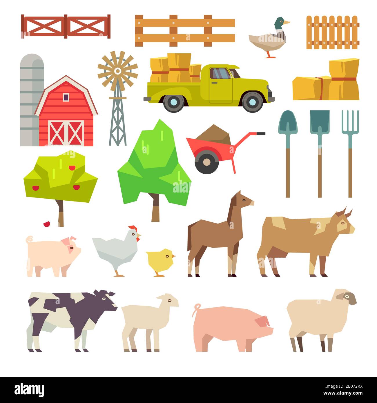 Cartoon-Farm-Elemente, Tiere und Werkzeuge, Bäume und Landmaschinen. Obst und Windmühle, Bauernbauillustration Stock Vektor