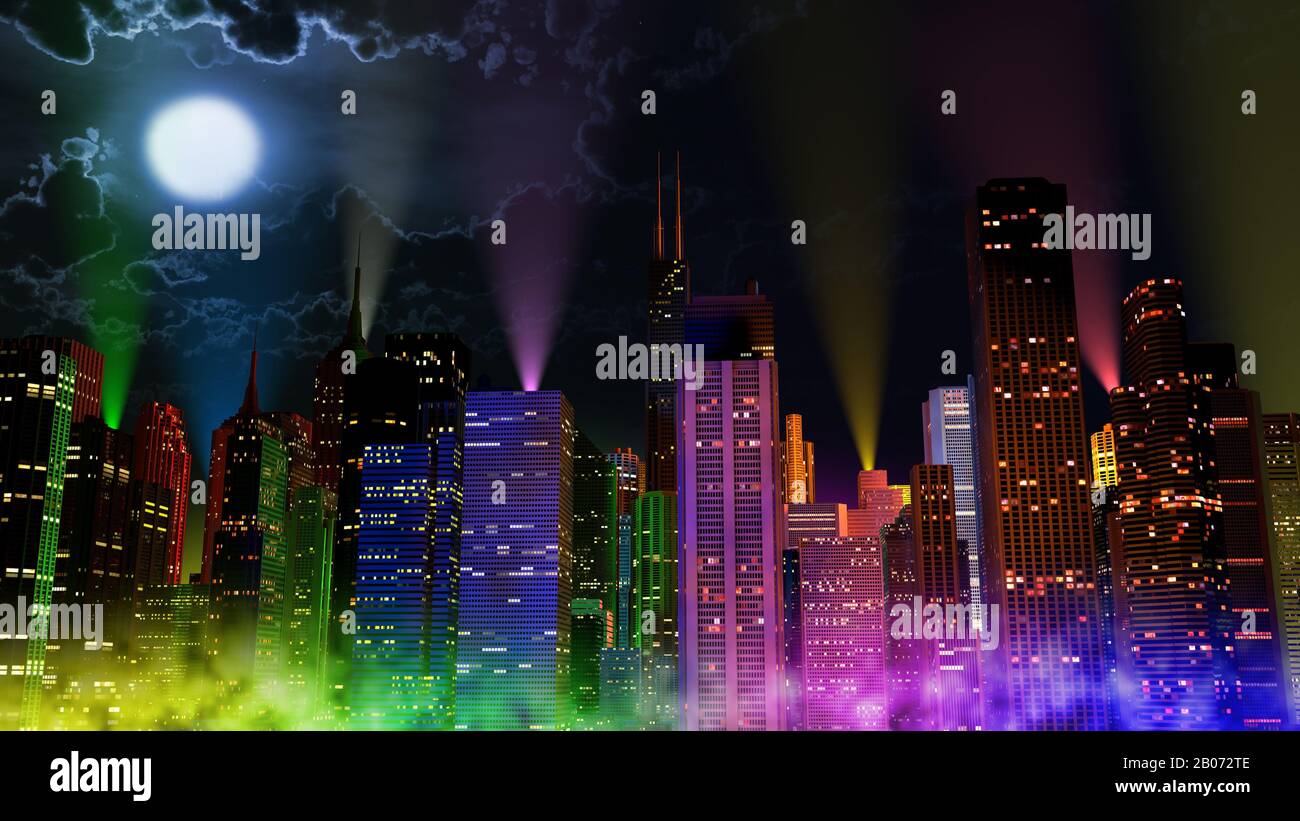 Moderne Stadt Mit Bunten Lichteffekten bei Nacht 3D-Illustration. Konzept für jede große moderne Stadt mit lebendiger Atmosphäre in der Silvesternacht. Stockfoto