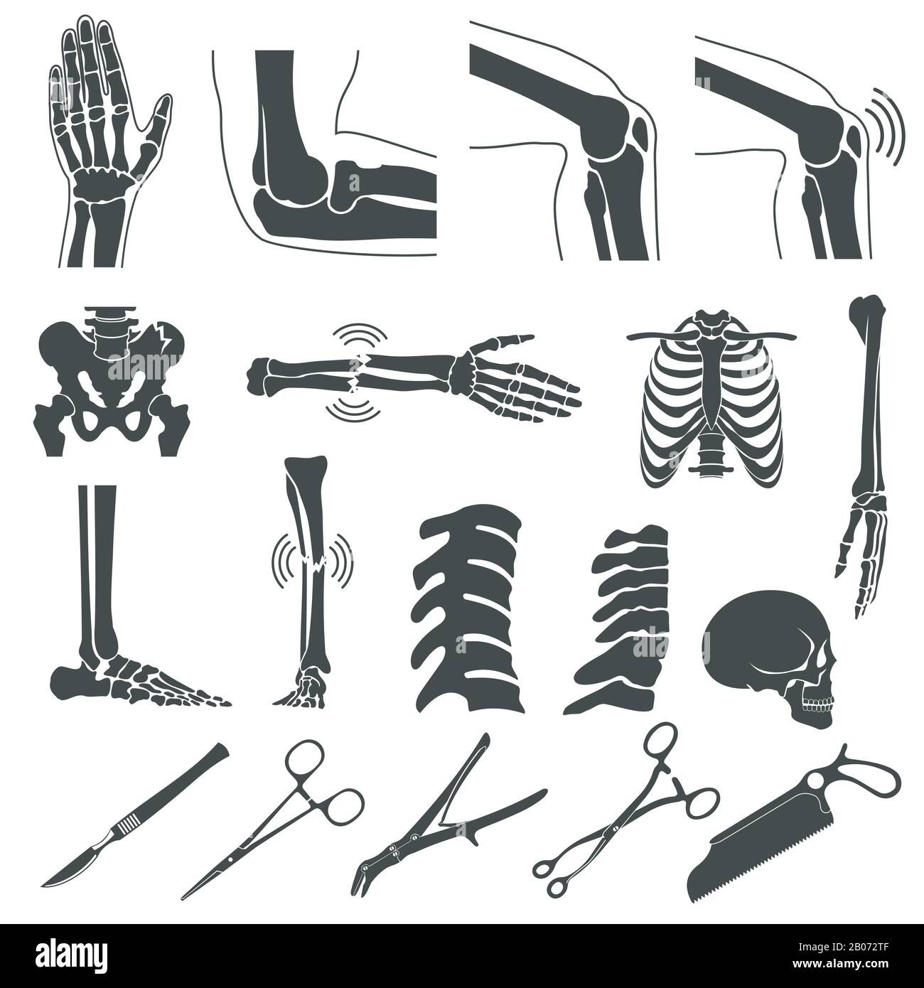 Symbole für orthopädische und Wirbelsäulenvektor schwarz. Symbole für menschliche Knochen. Darstellung von Hand und Bein, Schädel und Gelenkknie Stock Vektor