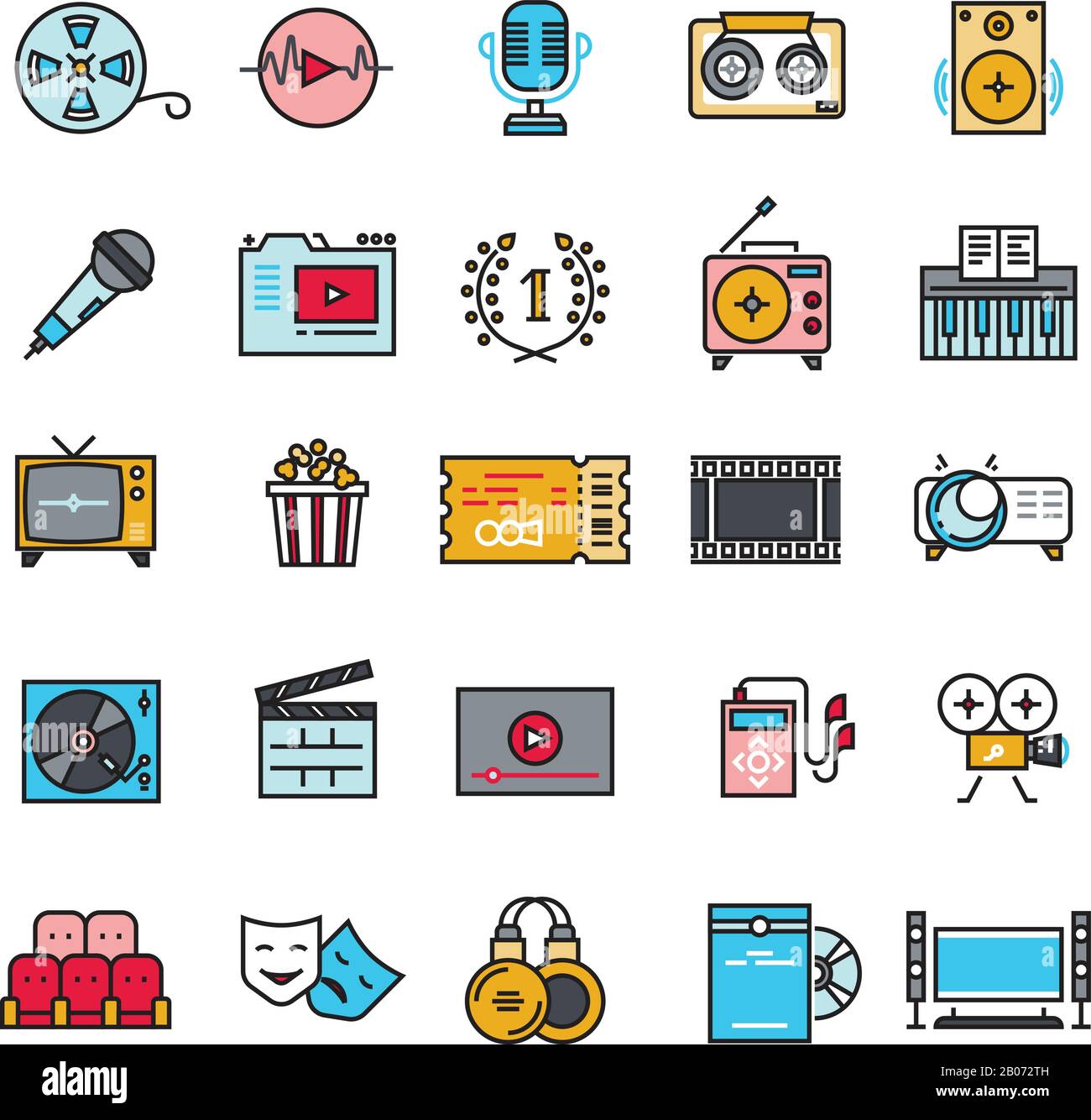 Multimedia Audio Audio Radio Video Thin Line Vector Icons mit flachen Elementen. Abbildung: Media Player und Kino, Film und Kopfhörer Stock Vektor