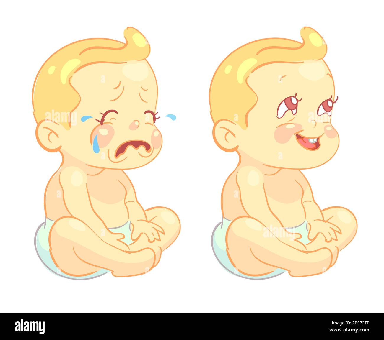 Lächelndes Kleinkind und weinende Babyvektor-Zeichen. Säugling mit fröhlicher Stimmung und neugeborener weinender Illustration Stock Vektor