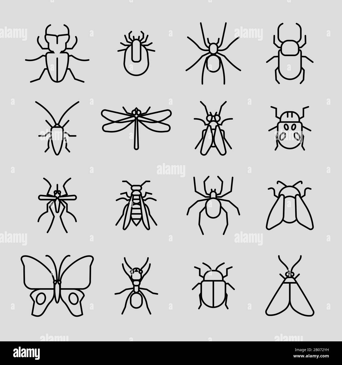 Dünne Linien-Symbole für Insektenvektoren festgelegt. Kakerlake und Mücke, Spinne und Schmetterling Illustration Stock Vektor