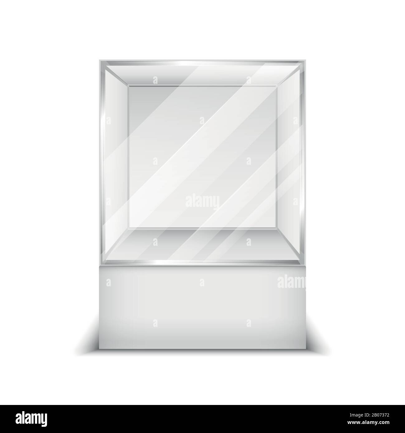 Realistische 3D-Glaskasten zeigen Vektorgrafiken. Behälter leer transparent für Boutique und Ausstellung Stock Vektor