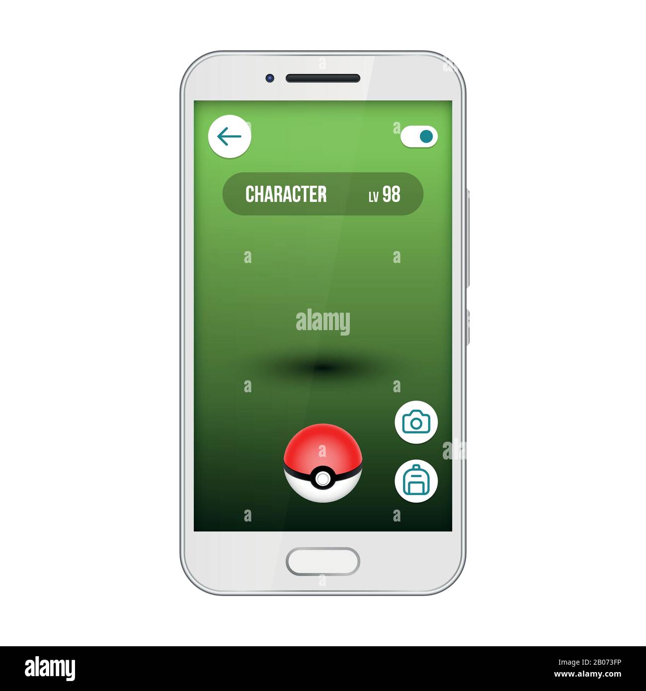 Spiele-App-Bildschirm pokemon Smartphone-Oberfläche. Geht, sucht und fängt süße Monster. Beliebte mobile Spieleanwendung. Vektorgrafiken Stock Vektor