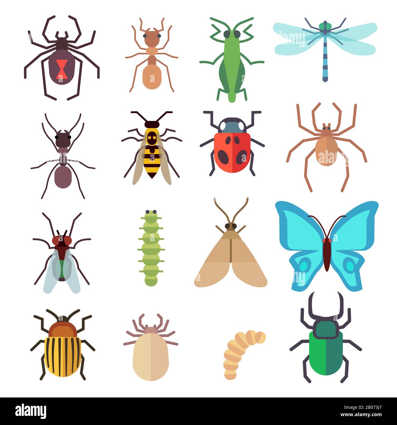 Flache Icons für Insektenvektoren. Schmetterlings- und Wanze-, Fliege- und Ameisenabbildung Stock Vektor