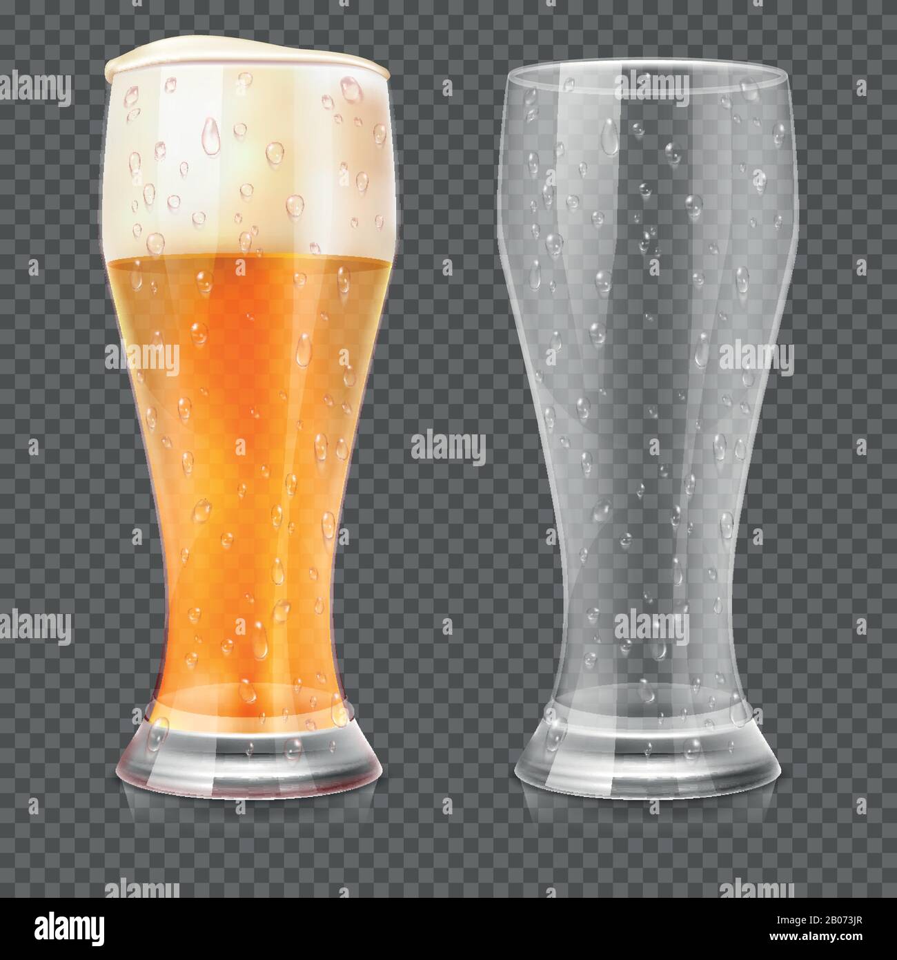 Realistische Biergläser, leerer Becher und volles Lagerglas isoliert auf transparentem kariertem Hintergrund. Alkoholgetränk mit weißem Schaum. Vektorgrafiken Stock Vektor