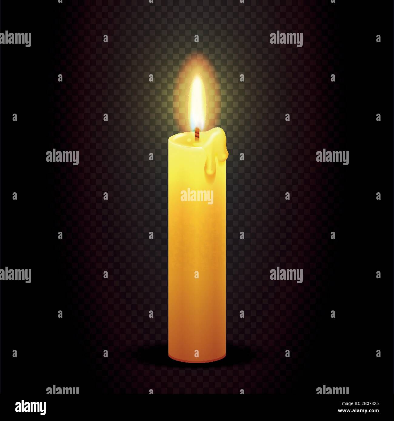 Vektor-Kerze mit Flamme auf transparentem kariertem dunklem Hintergrund, Kerzenlicht weihnachten und Geburtstagskarten-Vorlage. Christliche symbolische Illustration Stock Vektor