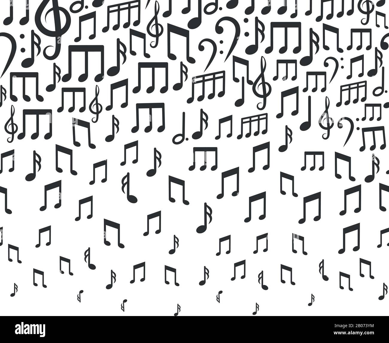 Musikvektor-Hintergrund mit fallenden musikalischen Noten. Darstellung von Rhythmus-Tempo und Bass-Sound Stock Vektor