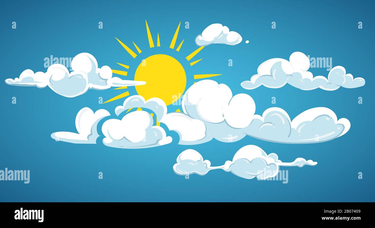 Blauer Himmel, Sonne und weiße Wolken. Wetterwolkenbild mit Sonnenlicht, Vektorgrafiken Stock Vektor