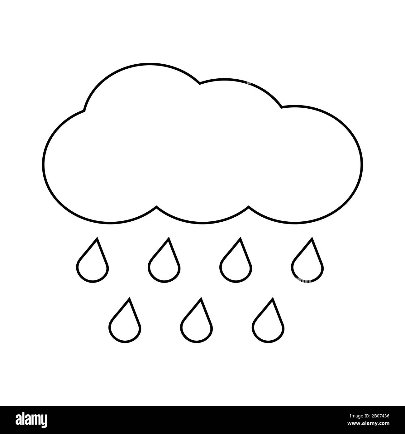 Umriss Vektorwolke mit fallendem Regen isoliert weiß. Lineares Symbol für Wetterdarstellung Stock Vektor
