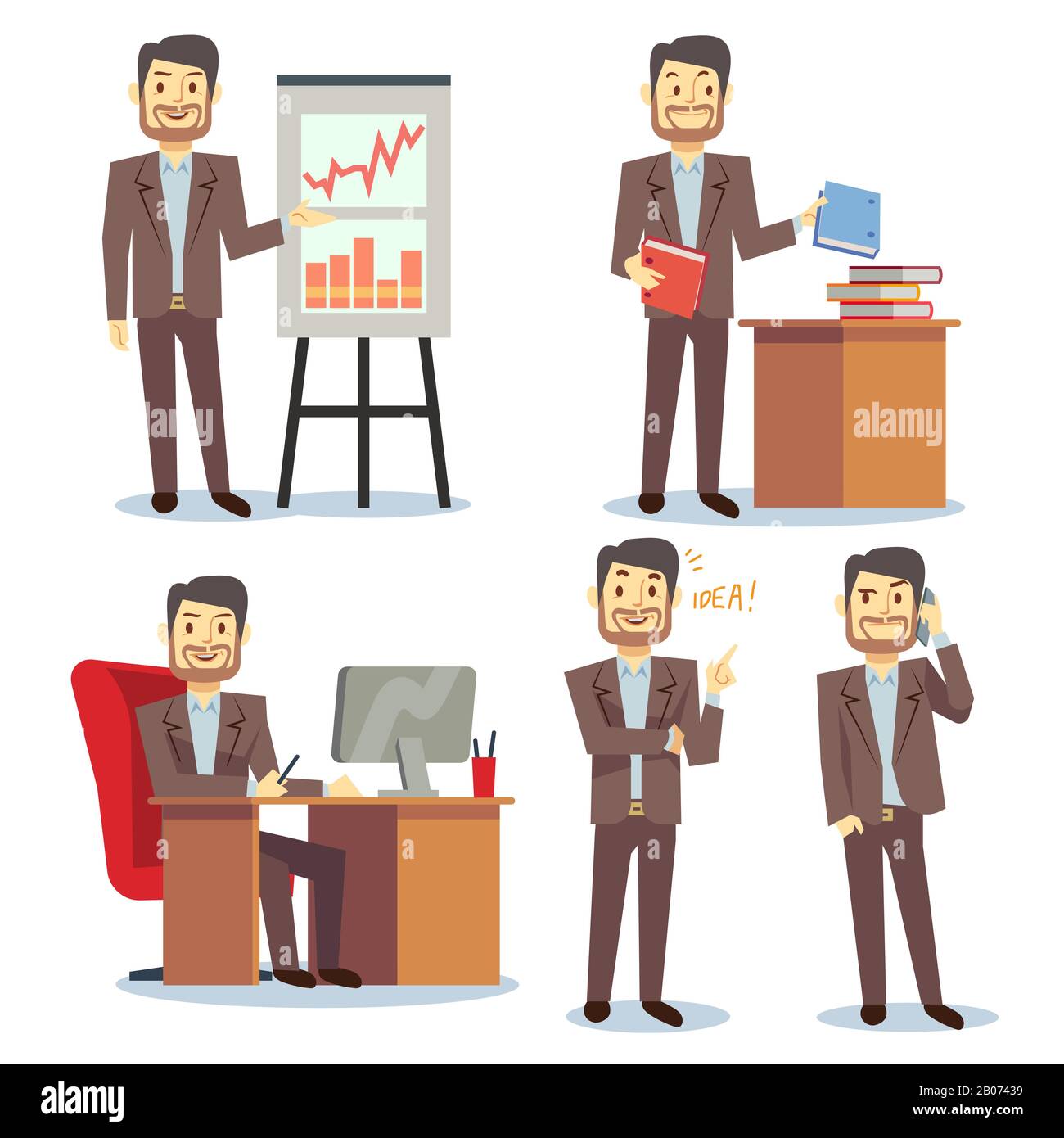 Geschäftsmann in verschiedenen Situationen im Büro Vector Business Peoples Cartoon Flat Set. Berater zeigt und zeigt auf die Abbildung des Berichts Stock Vektor