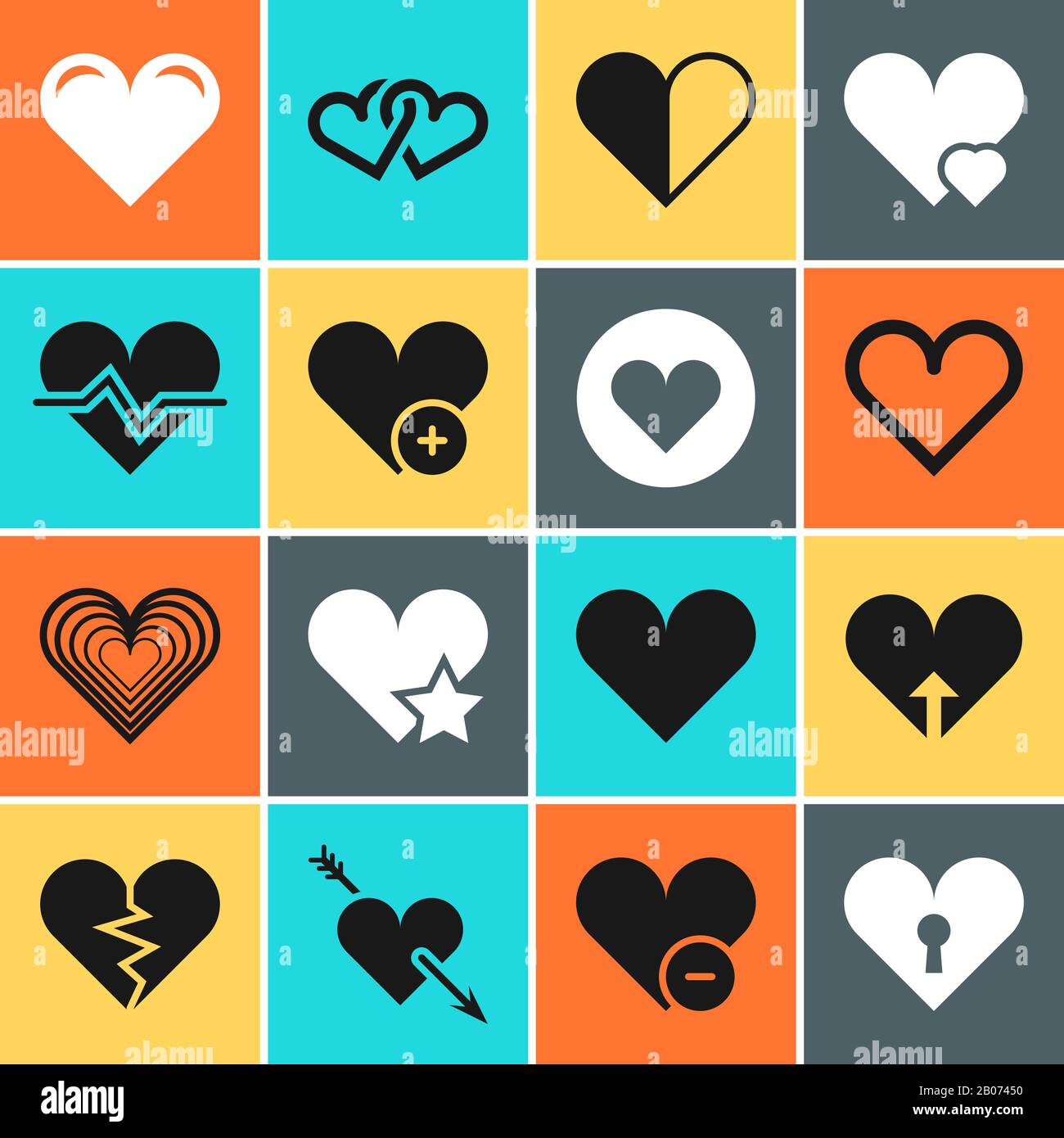 Vector Heart Icons für Hochzeits- und Valentinstag Einladungskarten. Herz mit Pfeil Schlüssellochstern und zerbrochenen, verschiedenen Web-Hearts-Ikonen Stock Vektor