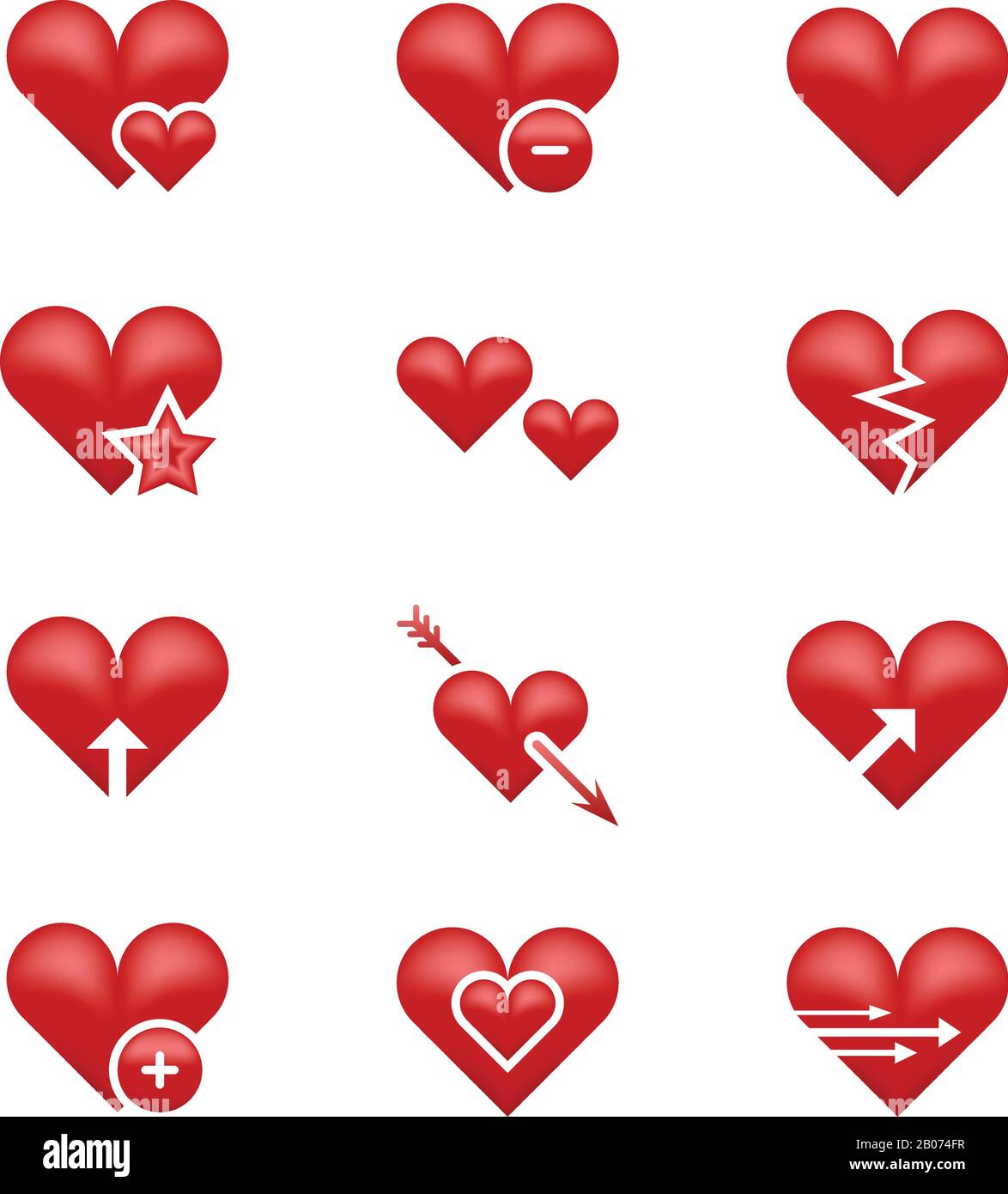 Herz liebt Emoji, Emoticons Vektor-Set. Abbildung: Gebrochenes Herz, Pfeil und Stern Stock Vektor