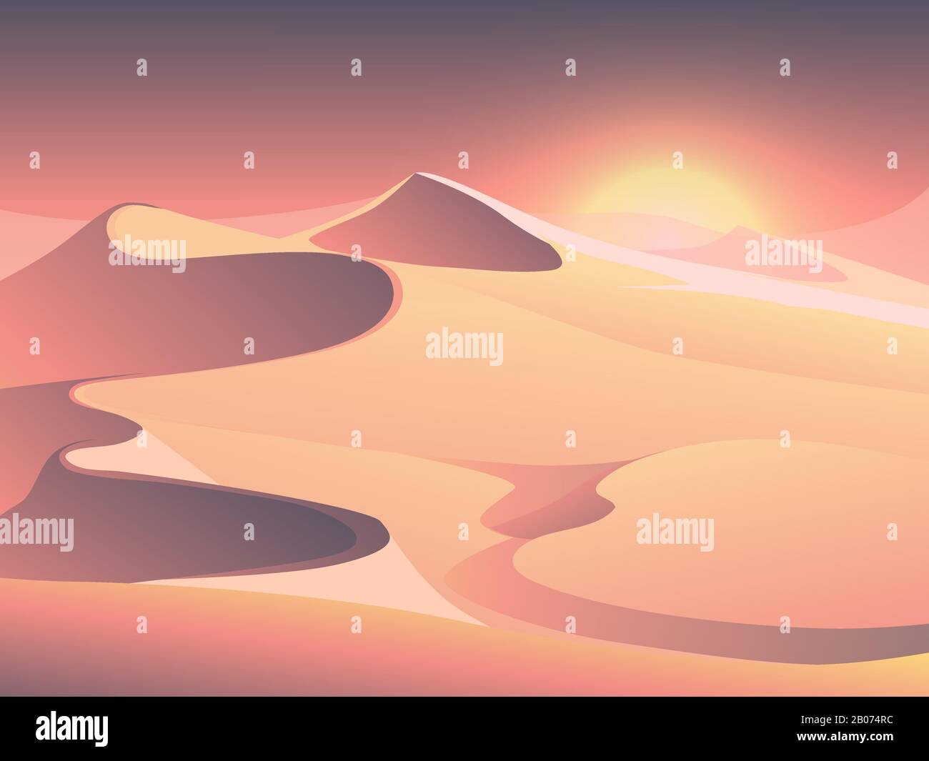 Wüstenuntergangsvektorlandschaft mit Sanddünen. Sonnenaufgang in sandiger Talabbildung Stock Vektor