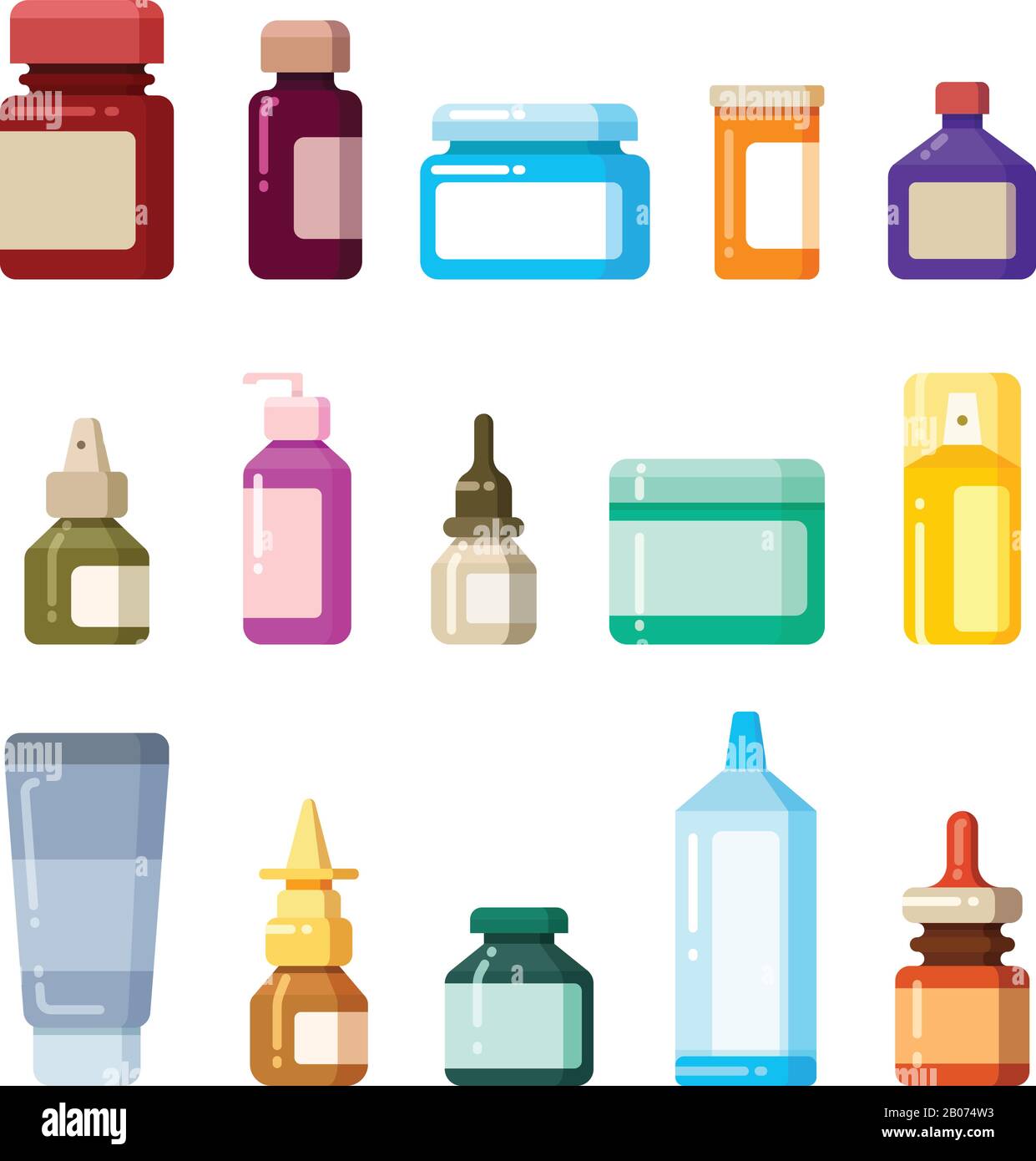 Arzneiflaschen für Medikamente, Pillen und Vitamine flache Vektorsymbole. Abbildung: Vitamin und Antibiotika in Glasflaschen Stock Vektor