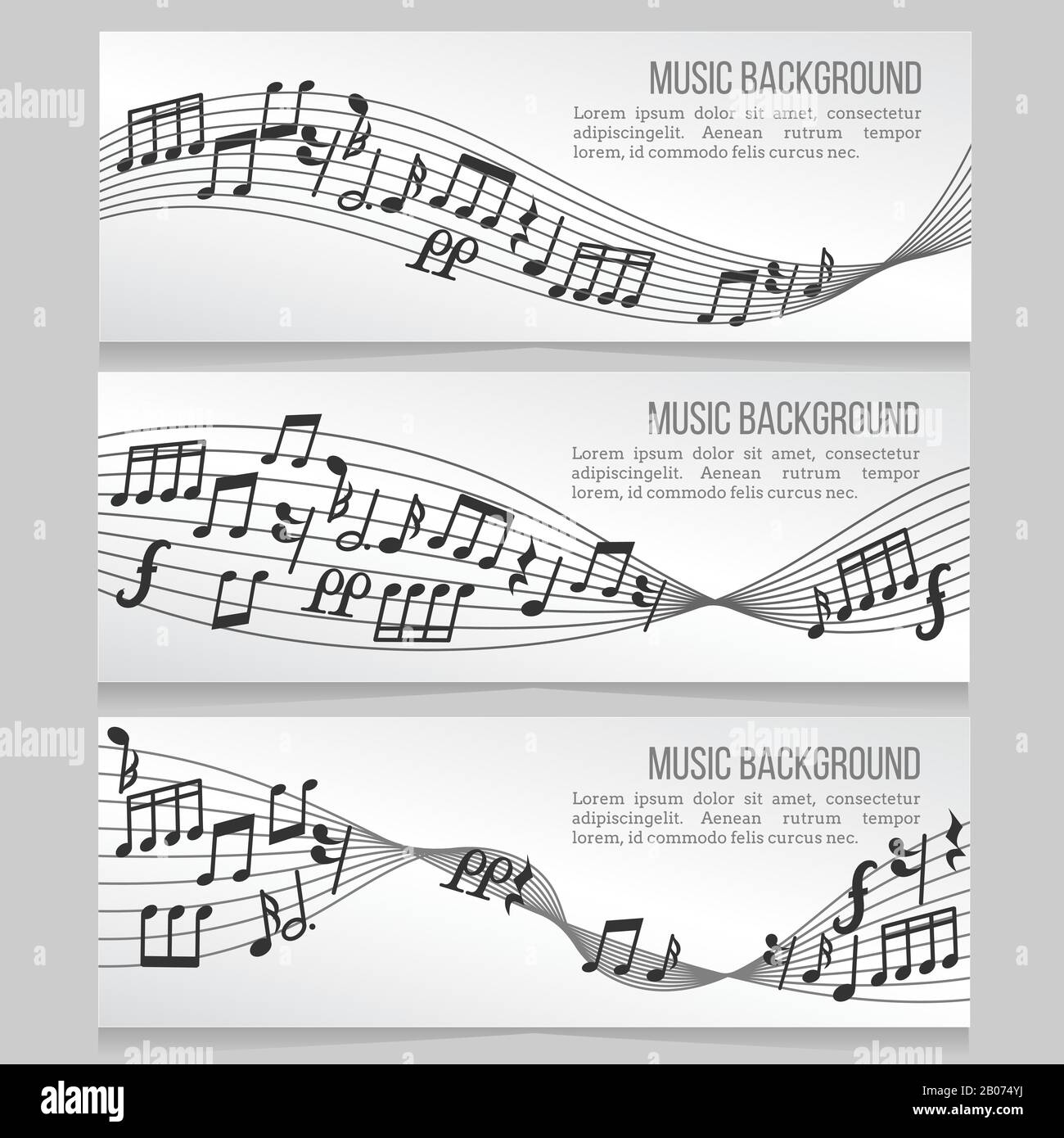 Vektorsatz für Musikbanner mit Musiknoten und Soundwelle. Karte mit Musiknotiz zur Darstellung der Melodie Stock Vektor