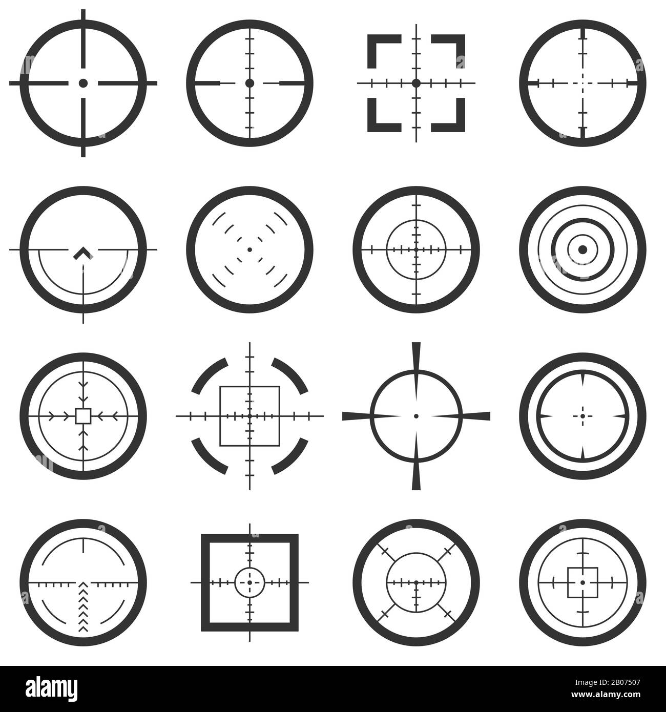 Vektorsymbole für Fadenkreuze festgelegt. Ziel und Ziel der Bullseye Illustration Stock Vektor