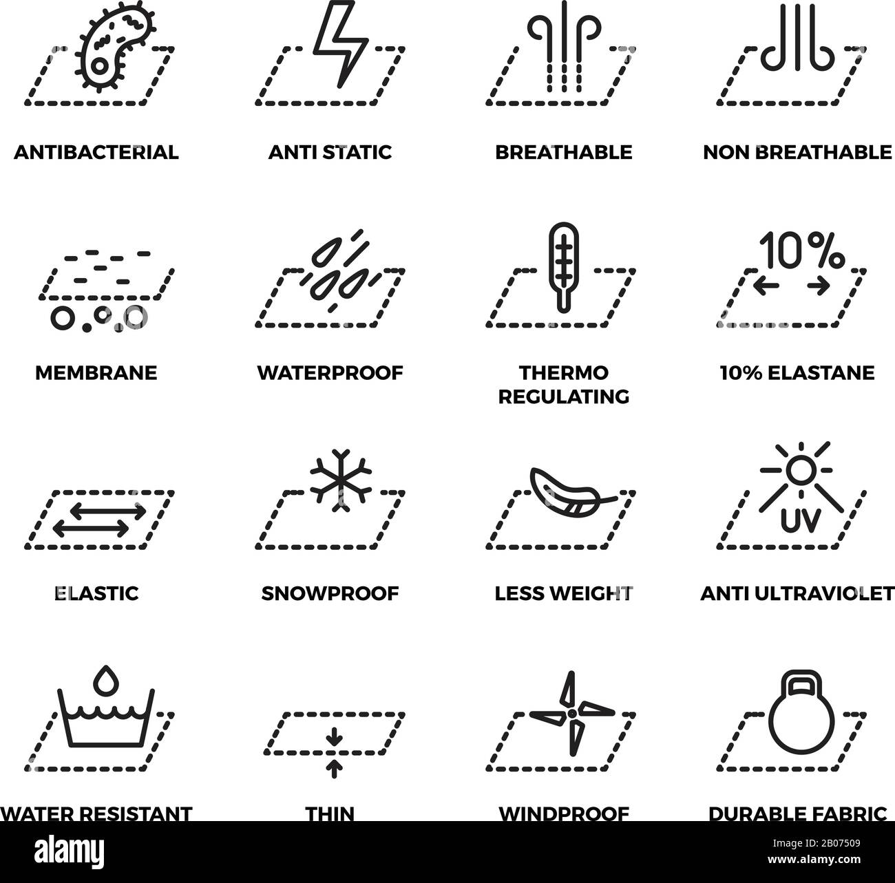 Eigenschaften von Textilerzeugnissen dünne Linien Vektorsymbole. Materialbelüftung und Abdichtung, atmungsaktive und schneesichere Abbildung Stock Vektor