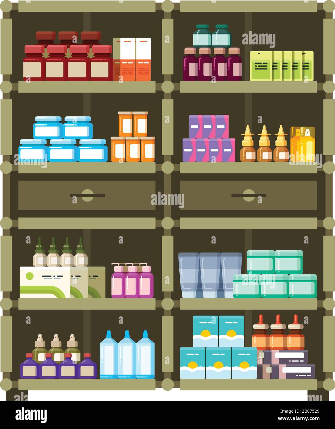 Apothekenregale mit medizinischer Schachtel und Flaschen für Medikamente flaches Vektorkonzept. Abbildung: Vitamin und Antibiotikum für Medikamente Stock Vektor