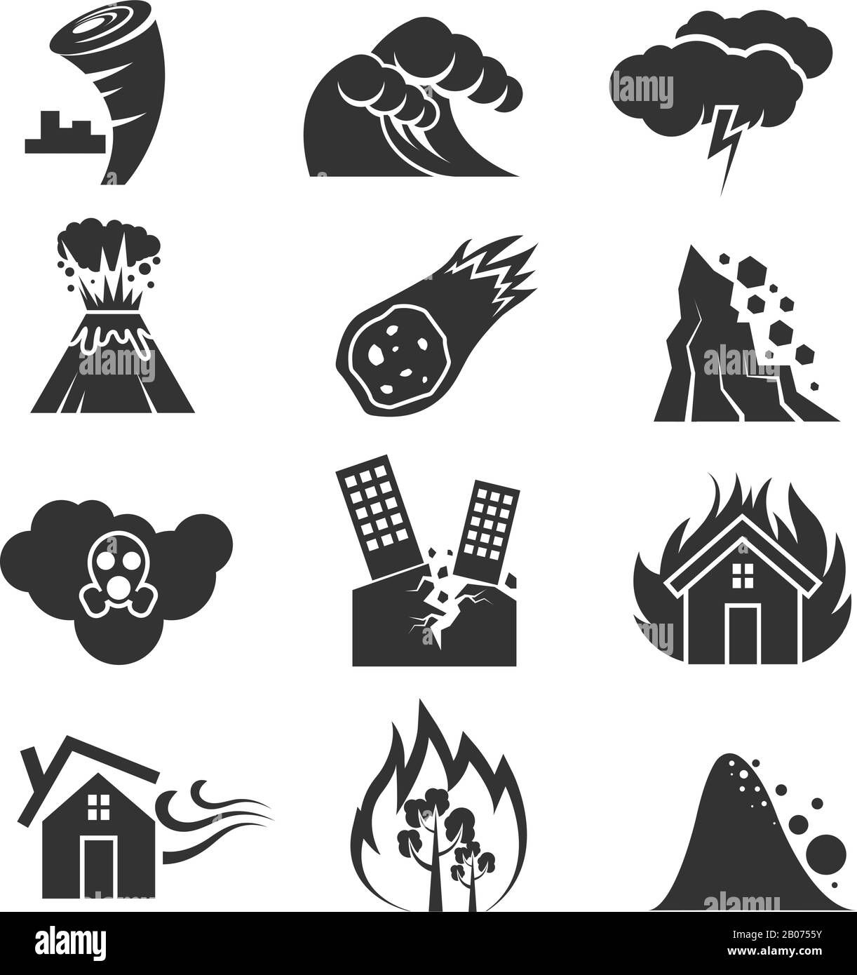 Feuer und Tsunami, Schneesturm und Tornado, Hurrikan und Erdbebenkatastrophe - Vektorsymbole. Abbildung: Vulkan und Meteorit, Felsfal und giftige Wolke Stock Vektor